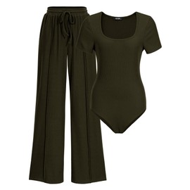 BTFBM Womens Casual 2 Pieces Outfits Dressy Square Neck Short Sleeve Bodysuit Drawstring Pants Knit Lounge Matching Sets(Army Green, Medium)