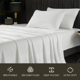 HYPREST 250 GSM Velvet Sheets Queen, Extra Deep Pocket Sheet Set fits Mattress Up to 24" Inches，Hotel Luxury Soft White Fleece Plush Sheets Warm No Slip Bed Sheet Sets