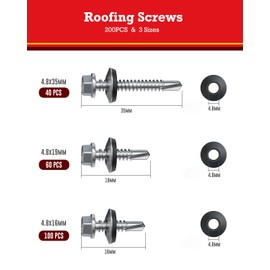 YOOPIN 200PCS Roofing Screws with Rubber Washers, Galvanized Carbon Steel M4.8 Self Tapping Screw, 3 Sizes Self Drilling Screws for Metal, Hex Head Screw for Corrugated Roof Fixings