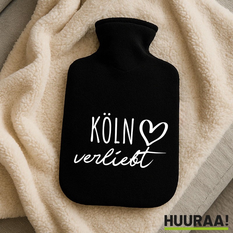 Huuraa Wärmflasche Köln verliebt Geschenk 1,8 Liter Black Classic Veloursbezug