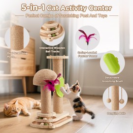 Ipixune Cat Scratching Post, 2-Tier Modern Sisal Cat Scratcher with Wooden Ball Track, Dangling Balls, Spring Feather Teaser, and Detachable Grooming Brush - Interactive Kitten Toys for Indoor Cats