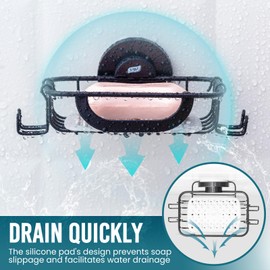 TAILI Soap Dish Holder Suction Cup with Hooks and Silicone Soap Saver Pad for Shower Wall, Shampoo Saver Tray for Bathroom, Tub, Kitchen, Rustproof Stainless Steel Sponge Holder, Black