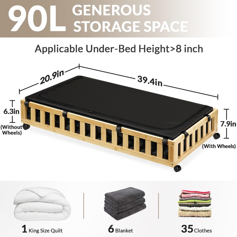 Gashell 2 Pack Bamboo Under Bed Storage with Wheels, 39”x20”x7.8”