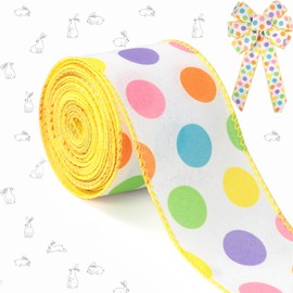 Easter Wired Edge Ribbon, Spring Pastel Polka Dots Ribbon Rainbow Dotted Ribbon for Happy Easter Baby Shower Home Decor DIY Crafts Wreath Gifts Wrapping, 2.5" x 10 Yards, Yellow Edge