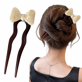 FRDTLUTHW French Hair Fork for Women U Shape Updo Acetate Hair Pin for Long Hair,Large Tortoise Shell Bow 2 Long Prong Bun Hair Stick Chignon Pins,Medium Hair Accessories for Women (Beige)