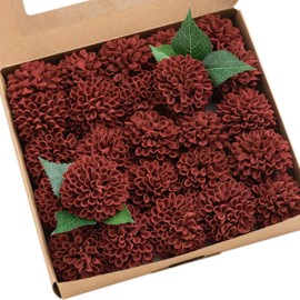 Ling's Moment Flowers 2.5" Dahlia Artificial Flowers 25pcs Amber Red Flowers Faux Fake Flowers w/Stem for DIY Wedding Decor Centerpieces Bouquets Bridal Shower Home Decorations