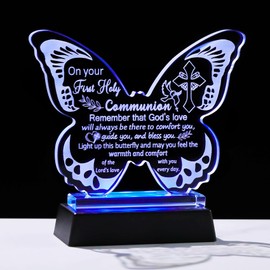 Crystal First Holy Communion Gifts for Girls Christening Engraved Butterfly Statue for Daughter with LED Light Base Baptism Keepsakes for Granddaughter