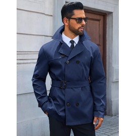Runcati Mens Trench Coat Double Breasted Notched Lapel Jacket Casual Belted Windbreaker Overcoat
