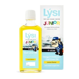LYSI LÝSI, Omega 3 para niños en Aceite de Bacalao, Sabor limón, Contiene Vitaminas A, D3 y E, junior, desde los 6 meses de edad, Sin gluten y azúcar, 240 ml.