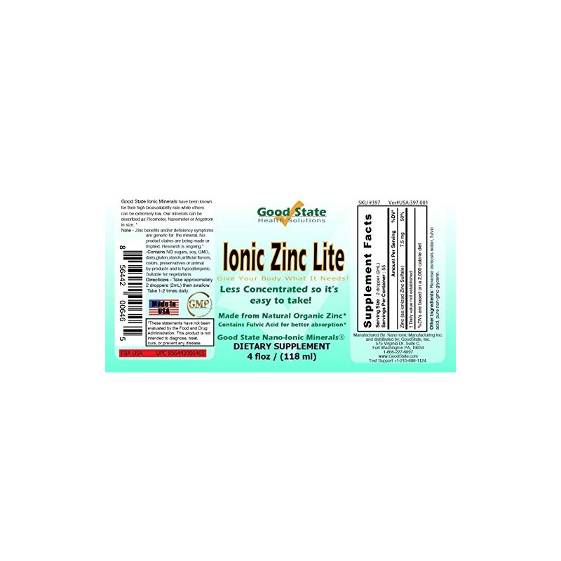 Good State Liquid Ionic Zinc Lite Suplemento, 397, 4 onzas,