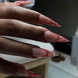 MISUD Press on Nails Long Stiletto Fake Nails Glossy Glue on Nails Almond Acrylic Nails Red Swirl Arificial Nails French Tip Stick on False Nails with Design 24 pcs