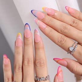 French Tip Press on Nails Short Almond, Medium Colorful French Fake Nails with Glossy Design Full Cover False Nail French Acrylic Glue on Nails for Women and Girls Manicure Decoration 24Pcs