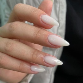 All White Press on Nails Medium Stiletto Almond,KQueenest Pure Color Acrylic Nails Set Reusable Fake Nails with Feature Protective UV Coating for Women Nail Art Manicure in 24 Pieces