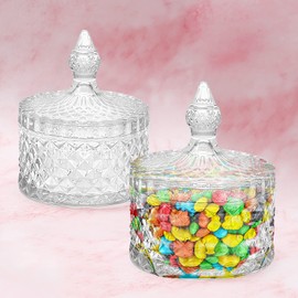 Aynaxcol 2Pcs Glass Candy Storage Box Clear Sugar Dish With Lid Crystal Covered Candy Jar, 2pcs Candy Storage Food Container Jar for Buffet Container Holder Home Office Desk