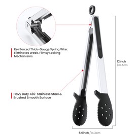 12 Inch Kitchen Tongs for Cooking, Lockable Tongs with Silicone Tips & Integrated Tool Rests, Non-Stick Heat Resistant Tong for Cooking, Buffet, Salad Serving (Black)