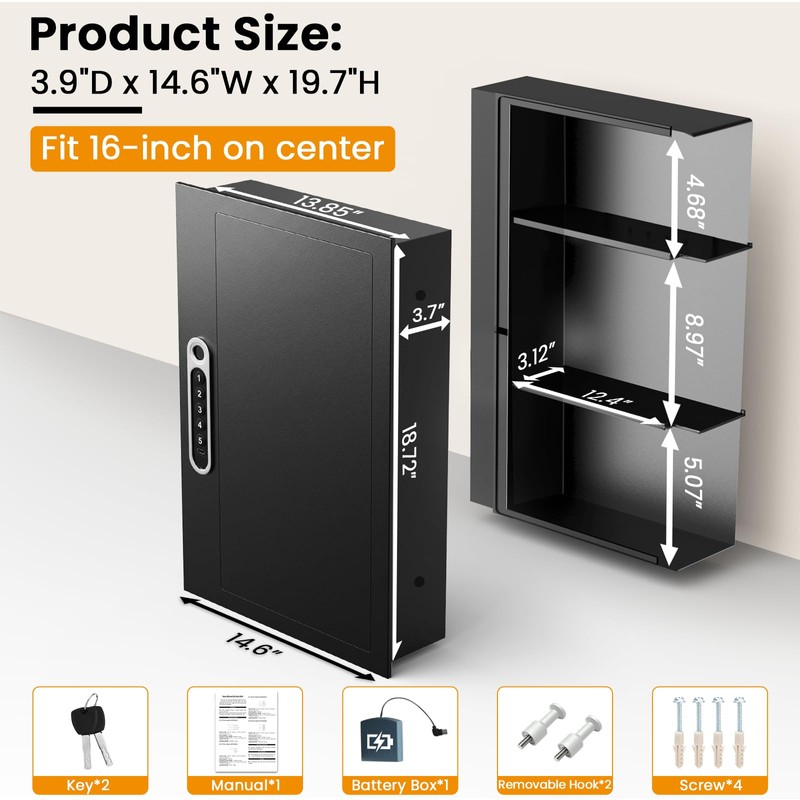 19.7" Tall Biometric Wall Safe Between 16" Studs, Fingerprint &