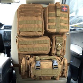 Universal Tactical Seat ​Back Organizer Vehicle Molle Panel Organizer Storage Bag with 5 Detachable Molle Pouch for All Vehicel Such as Jeep,Truck,SUV, Car, Ford,Chevy etc (A model-Khaki)