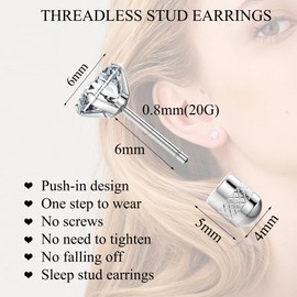 PATISORNA 4 Pairs Threadless Flat Back Stud Earrings Surgical Stainless Steel Stud Earrings Hypoallergenic Cartilage Earrings for Women Men Cubic Zirconia Stud Earrings Stud Earrings Set 6mm