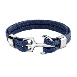 Emibele Bracelet for Men, Sturdy Cowhide Leather Bracelet, Multilayer Vintage Anchor Bracelet Wrap Cuff - Blue with Silver Anchor