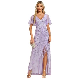 Ever-Pretty Women's Maxi Evening Dresses Sequin Embroidered Double V Prom Dress with Ruffles Sleeve Bridesmaid High-Low Dress Lavender 22UK