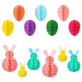 Tenare 13 Pcs Easter Hanging Decorations Easter Bunny Decorations Honeycomb Balls Paper Colorful Rabbit Easter Hanging Eggs Ornaments for Home Tree School Holiday Spring Party Supplies (Cute Style)