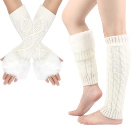 Chiclinco Crochet Leg Warmer Fleece Lined and Fur Arm Warmer Fingerless Gloves Set for Cold Weather Boot Socks Ice Skating (2, White)