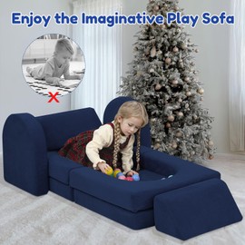 MeMoreCool Kids Couch, 10 Piece Modular Sofa Play Couch for Playroom, Fold Out Toddler Bed, Foam Building Sofa for Boys and Girls, Navy