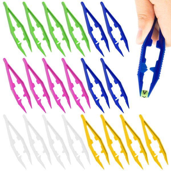 Pack of 20 Precision Plastic Tweezers, 5 Colours (Green, Blue,