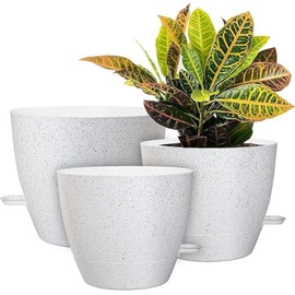 UOUZ 10/9/8 inch Self Watering Pots, Set of 3 Plastic Planters with Mesh Drainage Holes and Deep Reservoir for Indoor Outdoor Garden Plants and Flowers, White Speckles