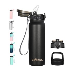 GOPPUS 600ml/20oz Stainless Steel Water Bottle with Straw Insulated Sports Bottle Cold Flask with Straw Double Walled Flip up Metal Water Bottles Thermos Leakproof Water Bottle for Gym Sports