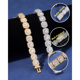 LuxeFlex 8mm Iced Out Clustered Bracelet for Men and Women, 14K Gold/White Gold Plated, 5A Zircon Bling Luxury Tennis Bracelet, CZ Fashion Jewelry Gift for Birthday, Anniversary (9mm White Gold, 8 Inches)