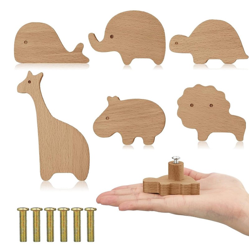 Povxlum 6pcs Wooden Animal Cabinet Knobs Decorative Dresser Knobs with