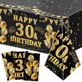 Labeol 3 Pack 30th Birthday Tablecloth, Black and Gold Happy 30th Birthday Decorations, Disposable Plastic Rectangular Table Cover Party Supplies for Men Women