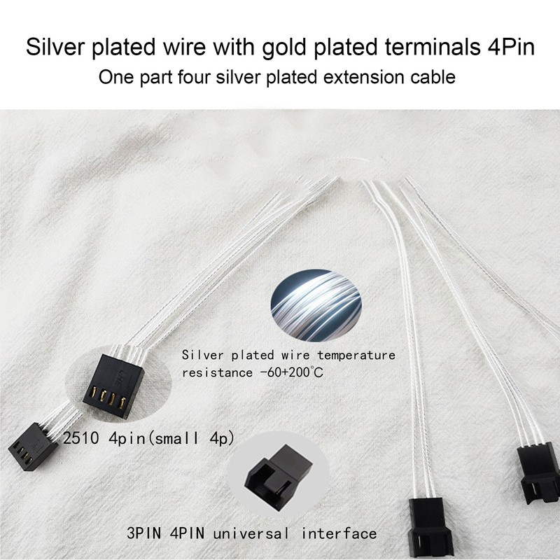 4pcs PWM Fan Extension Cable 4 Pin Silver Coated Copper