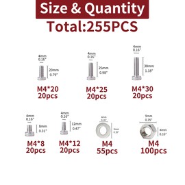 AIMUNOK 255Pcs M4 Metric Screw Assortment Kit, 304 Stainless Steel Hex Bolts, DIY Metric Bolts & Nuts & Spring Flat Washers, Anti Rust Metric Bolt Assortment