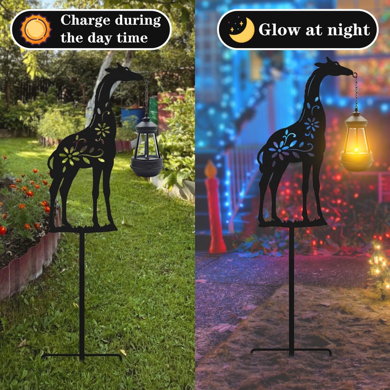 Solar Giraffe Garden Stakes Outdoor Solar Decor Metal Giraffe Holding