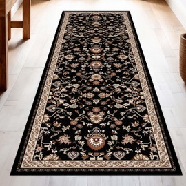 Washable Runner Rug 2.5x8 | Non Slip Rug Runners for Hallways, Entryways, Kitchens, Bathrooms, Bedrooms | Ultra-Soft Flannel Carpet Runners with Rubber Backing (Black Brown Cream, 2.5x8)