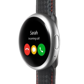 MyKronoz ZeRound2 HR Premium Smartwatch with Heart Rate Monitoring and Smart Notifications, Swiss Design, iOS and Android - Brushed Silver/Black Carbon Red Stitching Band