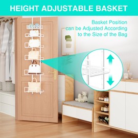 HapiRm Over Door Purse Organizer - Adjustable Purse Storage Rack with Bags Design Metal Basket, Wall Mounted Handbag Organizer, Hanging Handbag Holder, Can Use As 1/2 Part Detachable, White