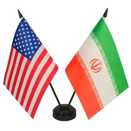 America & Iran Twin Desk Flag, US Iranian Table Flags, 8 x 5 Inches American & Iranian Deluxe Desk Flag Set - Miniature USA & Iran Stick Flag with Flag Stand