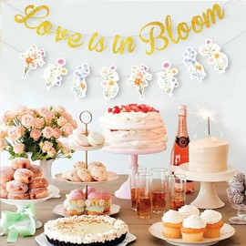 Love is in Bloom Banner, Gold Glitter Flower Themed Paper Sign Garland for Girl Women Bridal Shower Bachelorette Wedding Engagement Party