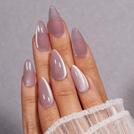 KQueenest Cat Eye Press On Nails Almond Medium, 30 Pcs Glitter Pastel Pink Press On Nails Summer, Sparkly Fake Nails With Glue, Luxury Glass Nails Press ons, Reusable Stick on Nail for Women Weddings