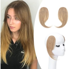 SEGO 2PCS Clip in Fringe Real Remy Human Hair Extensions Side Bangs [#27 Dark Blonde] Hairpieces for Women Straight Clip on Bangs Invisible Natural (16g)