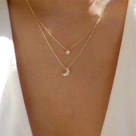 Atentuyi Boho Layered CZ Star Pendant Necklace Gold Rhinestone Tiny Moon Necklace Thin Chain Moon Choker Crystal Small Star Necklace Jewellery for Women and Girls, Rhinestone Crystal Gold