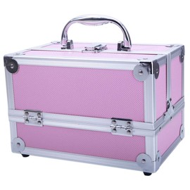 fjygwx13 Portable Makeup Case Train Lock Box,3 Trays style with Dividers Jewelry Box Cosmetic Organizer with Mirror 9"x6"x6" Pink,Aluminum