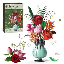 Flowers Bouquet Building Blocks Set with Vase, Roses, Lotus, Lily of The Valley for Adults, Teen Girls, Botanical Collection Home Décor, Office Decor, Gifts for Valentines Birthdays Mother's Day