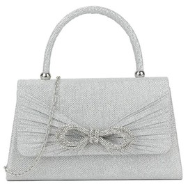Shiny Glitter Tote Diamante Bow Style Top Handle Bridal Prom Wedding Evening Clutch Party Purse Hand Bag (Silver)