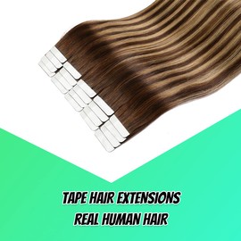 VINBAO Tape in Hair Extensions Human Hair Pu Blonde Real Hair Extensions Color #4 Ombre #27 Caramel Blonde #4 Brown Straight Remy Hair 50g Double Sided Tape in Extension 20pcs (18inch, #4/27/4)