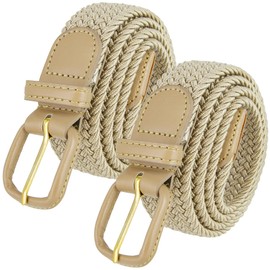 2 Count 7001 Leather Covered Buckle Woven Elastic Stretch Belt 1-1/4"(32mm) Wide (Beige, L)