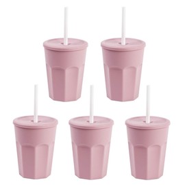 ENGELLAND - 5 x Plastic Cups with Lids, Pink, Drinking Cups with Straw, Party Cups, Plastic Drinking Glasses, Reusable, 0.25 Litres